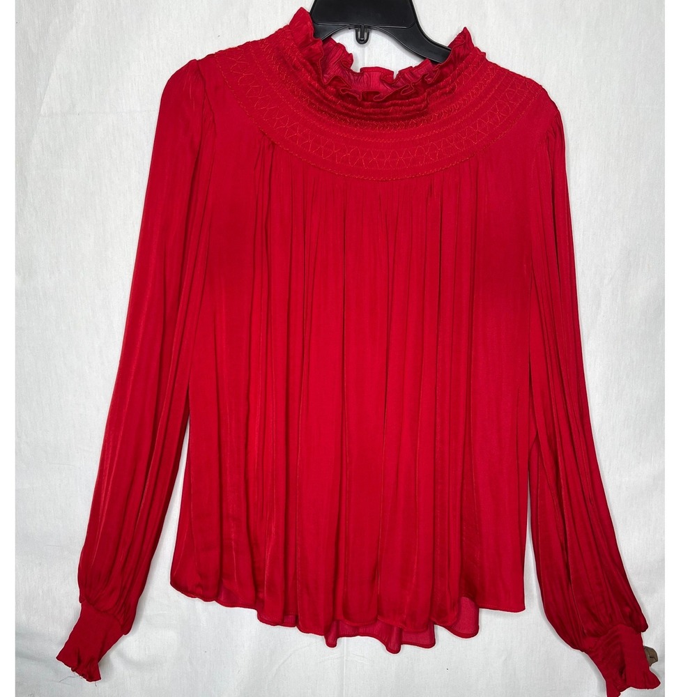 Gibson Latimer Red Smocked Mock Neck Ruffle Blouse Long Sleeve Top Womens‎ Large - Picture 2 of 4